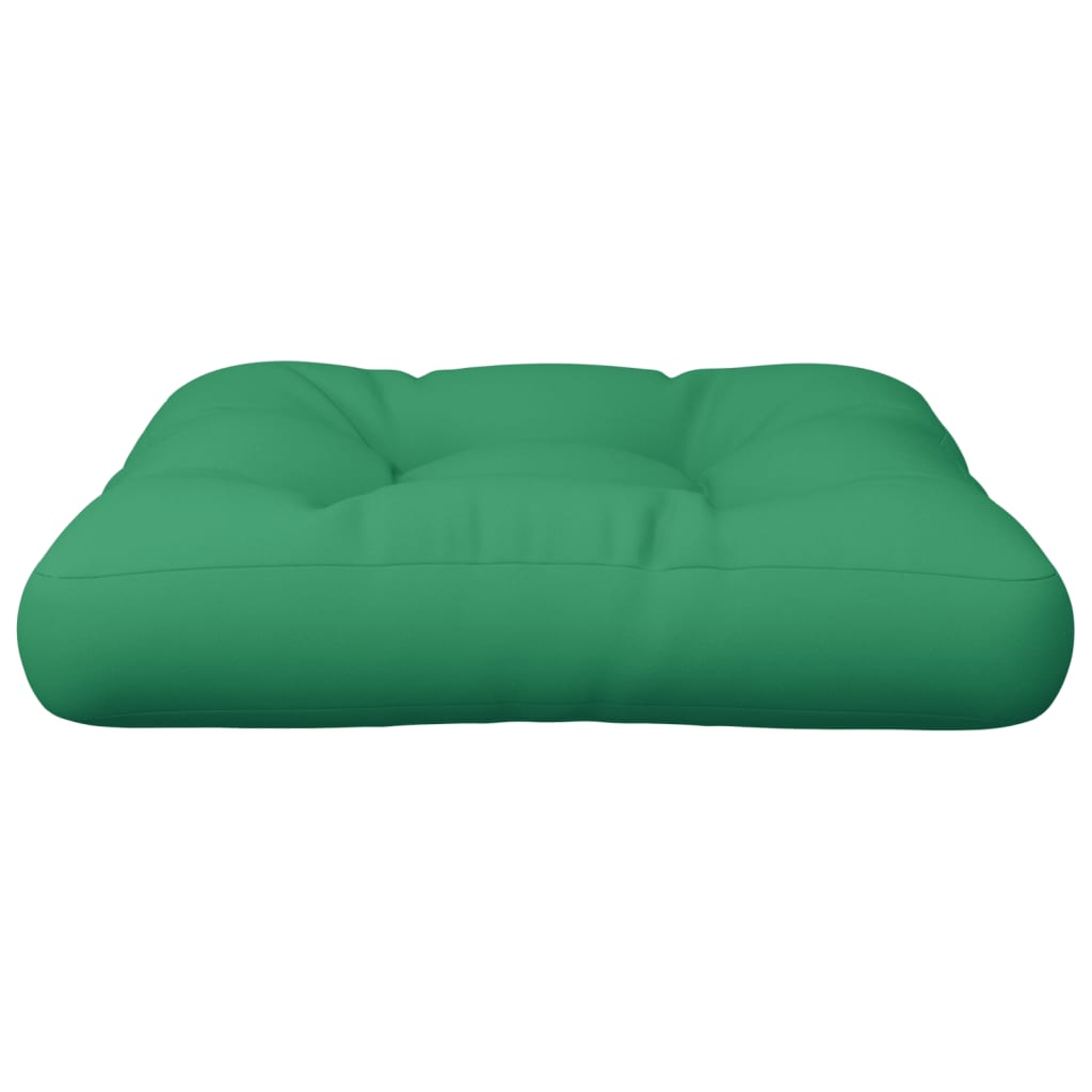 Green polyester pallet cushion with tufted design, water-resistant for outdoor use.