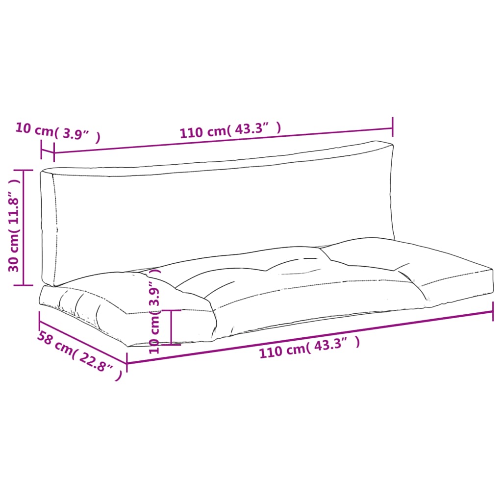 Two-piece taupe polyester pallet cushion set with dimensions 110 cm by 58 cm.