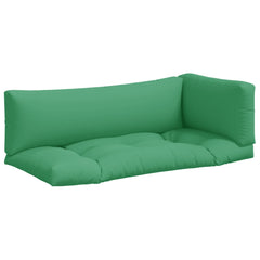 Three-piece green polyester pallet cushion set with seat, back, and side cushions.