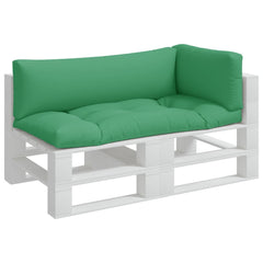 Three-piece green polyester cushion set for pallet furniture, including seat, back, and side cushions.