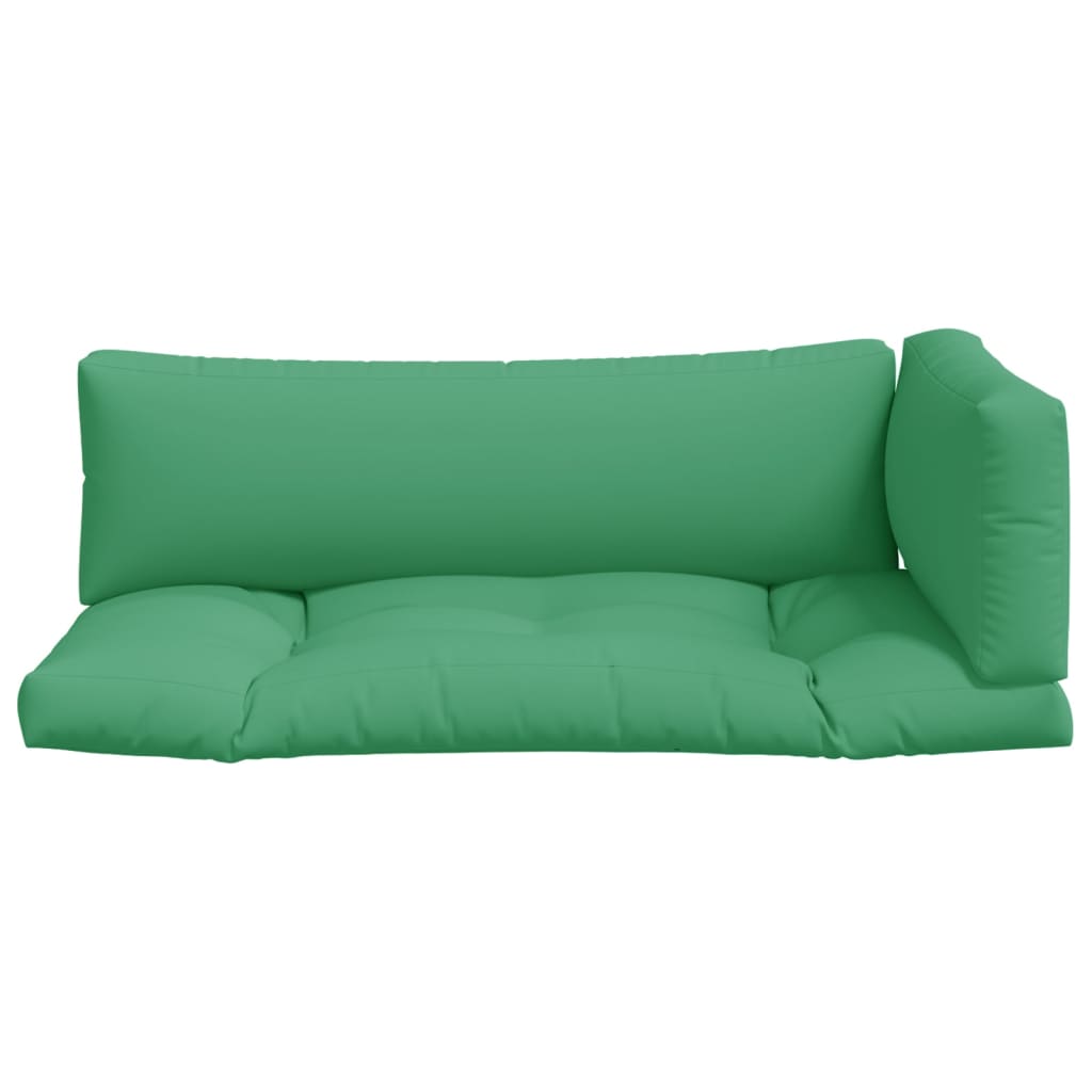 Three-piece green polyester pallet cushion set with seat, back, and side cushions.