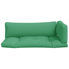 Three-piece green polyester pallet cushion set with seat, back, and side cushions.