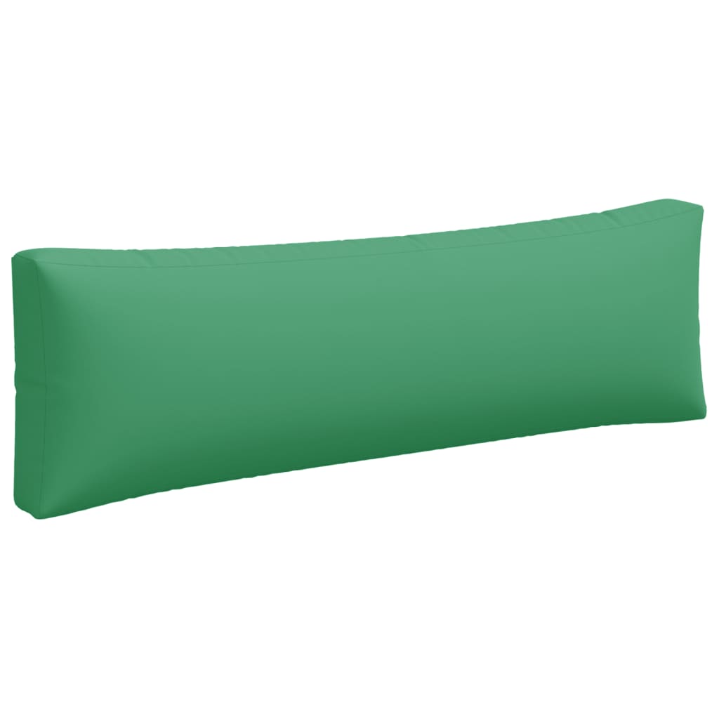 Three-piece green polyester pallet cushion set with seat, back, and side cushions.