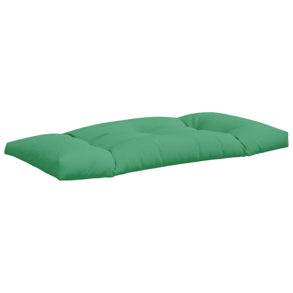 Three-piece green polyester pallet cushion set with seat, back, and side cushions.