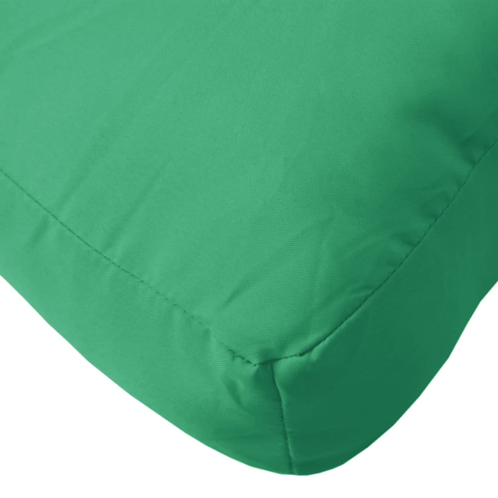 Three-piece green polyester pallet cushion set with seat, back, and side cushions.