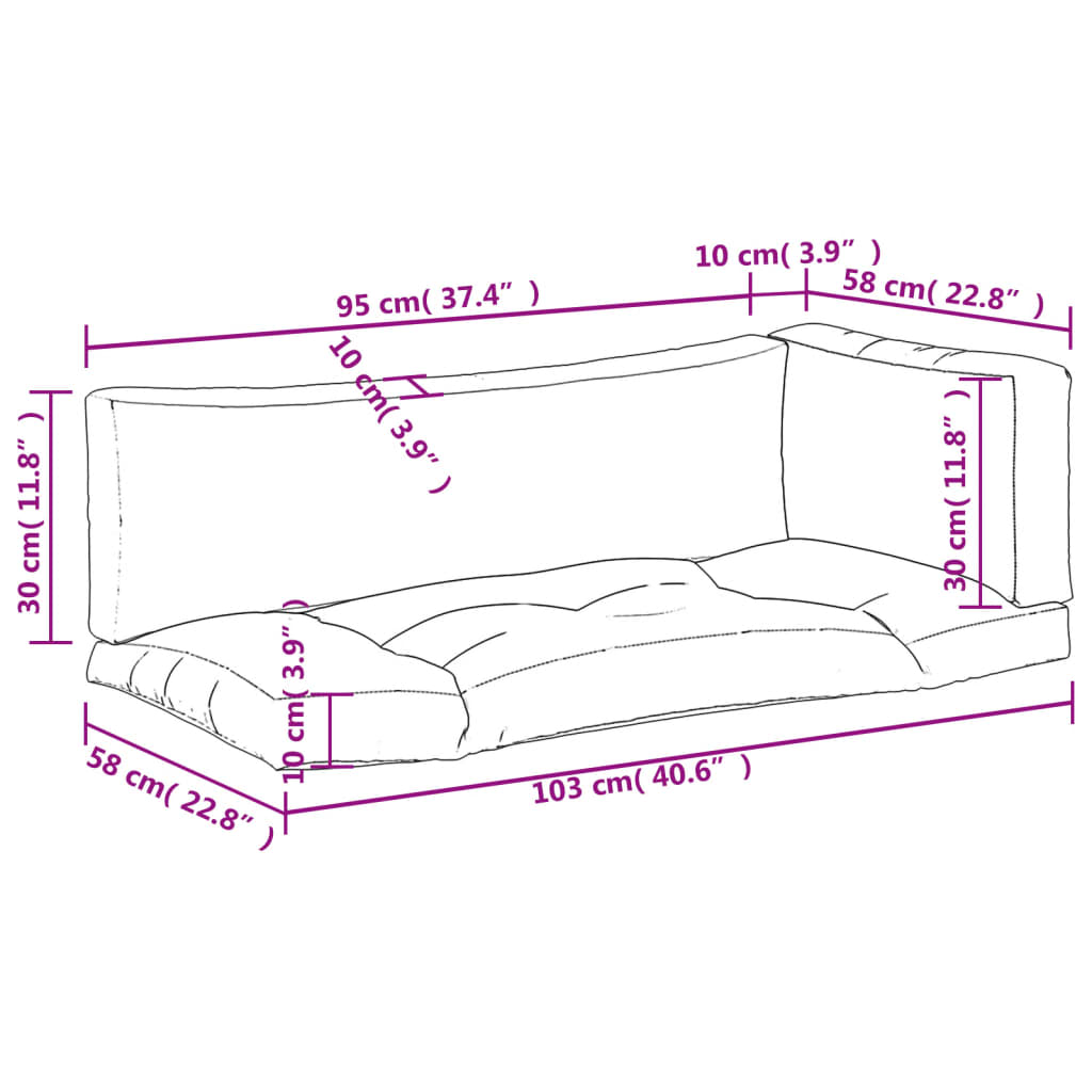 Red polyester pallet cushion set with three pieces: seat 103x58 cm, back 95x30 cm, side 58x30 cm.