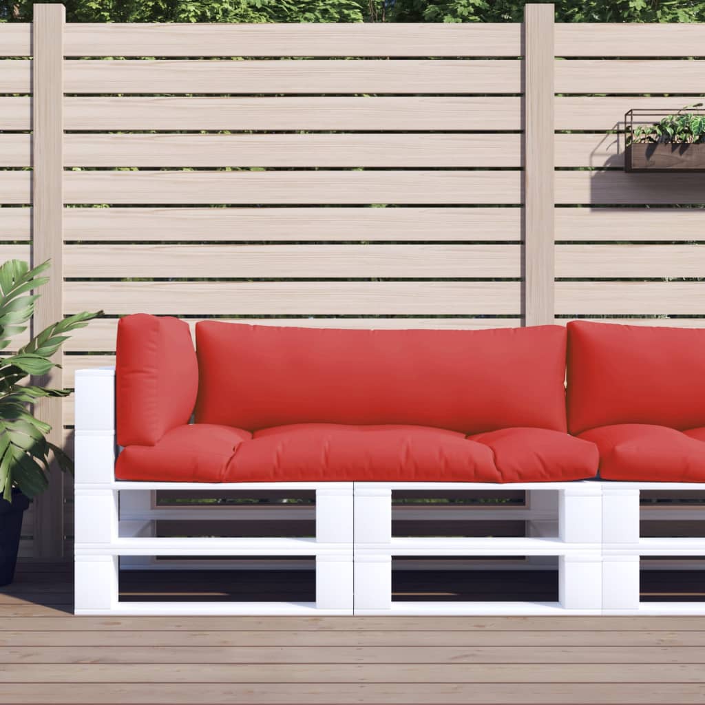 Three red polyester cushions for a pallet sofa, including seat, back, and side pieces.