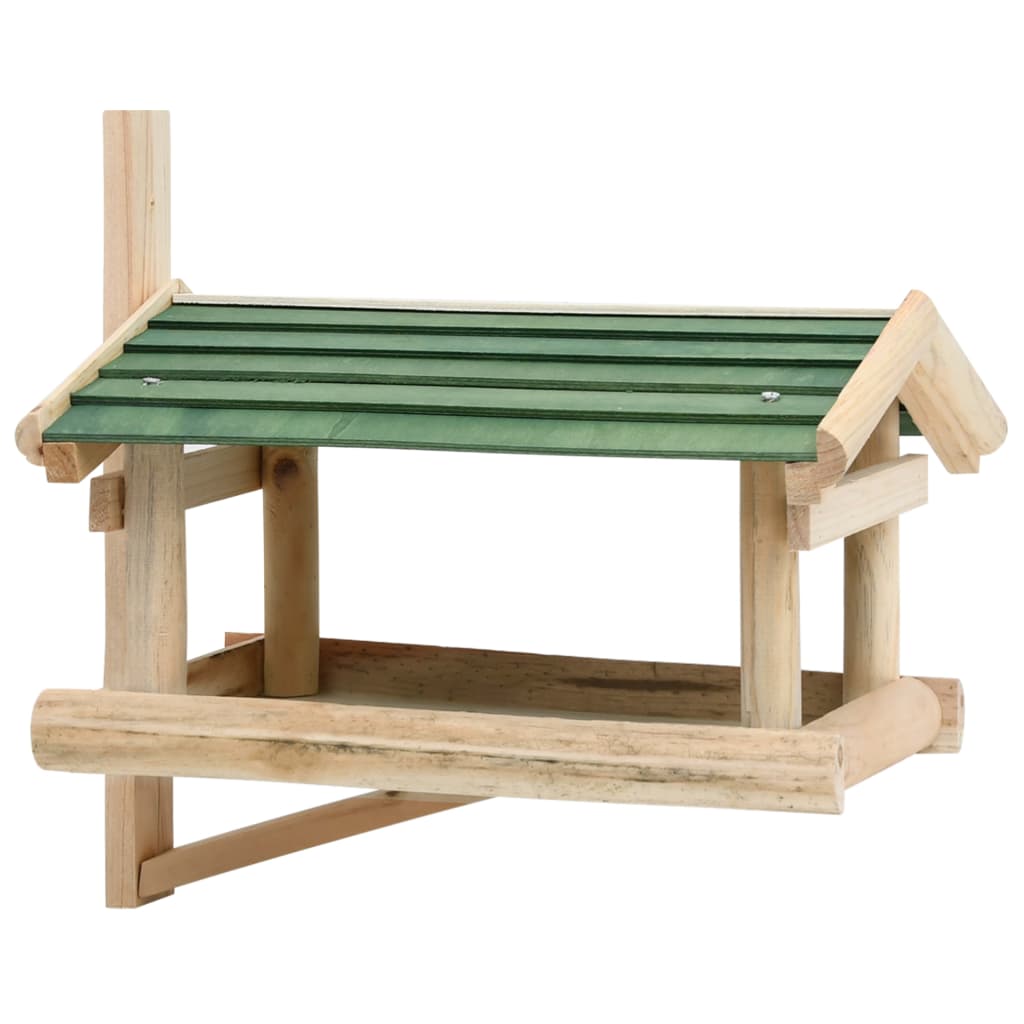Wooden bird feeder made of solid fir with green sloped roof and open platform.