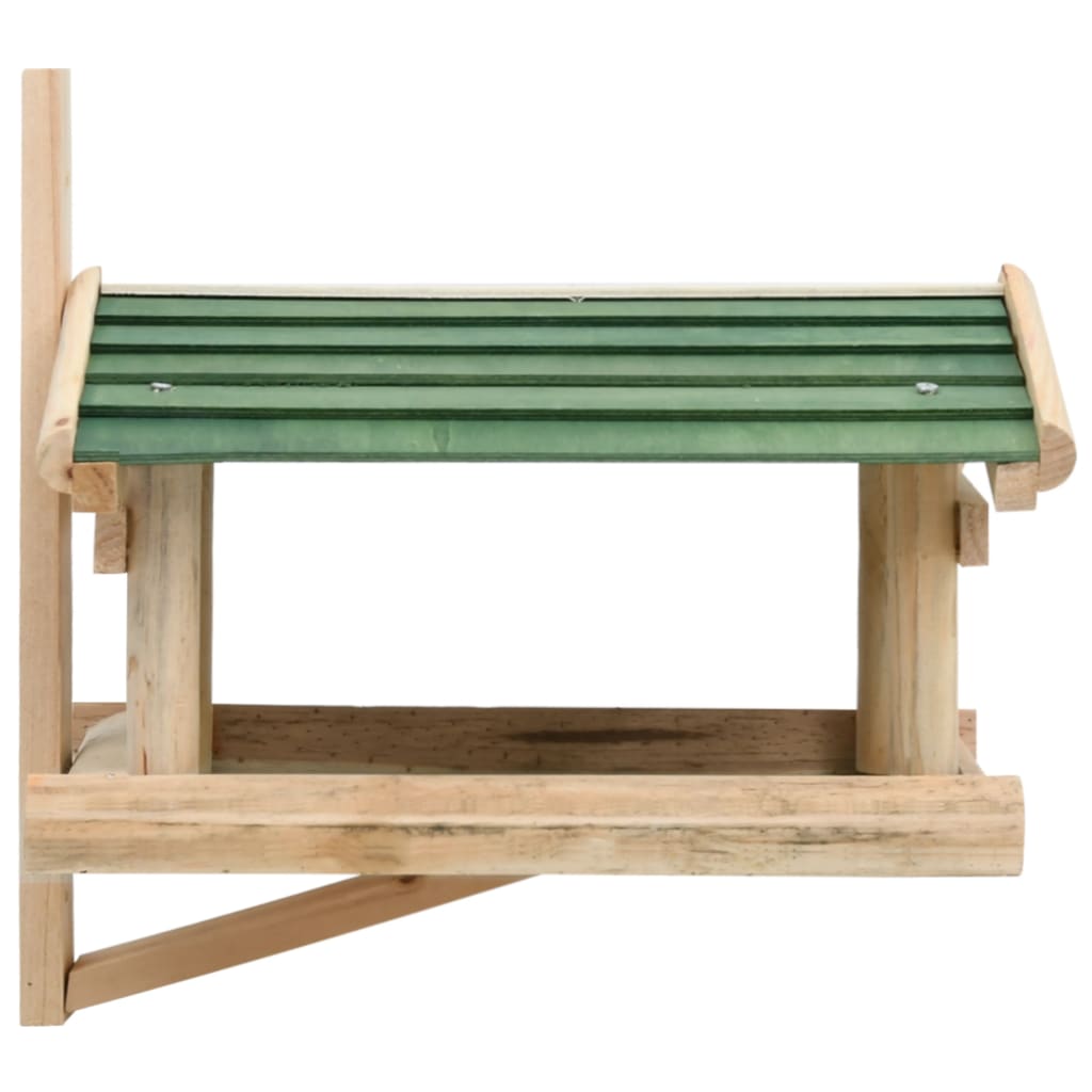 Wooden bird feeder made of solid fir with green slatted roof and wall-mount bracket.