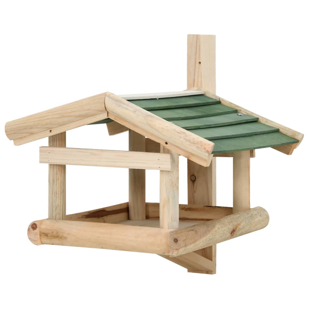 Wooden bird feeder made of solid fir with green roof and open feeding platform.