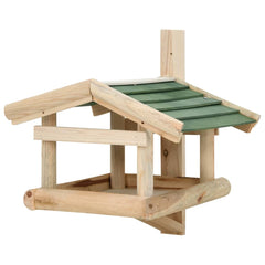 Wooden bird feeder made of solid fir with green roof and open feeding platform.