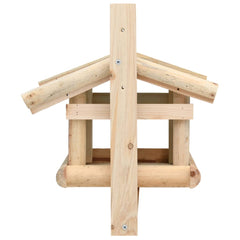 Wooden bird feeder made of solid fir with gabled roof and open feeding platform.