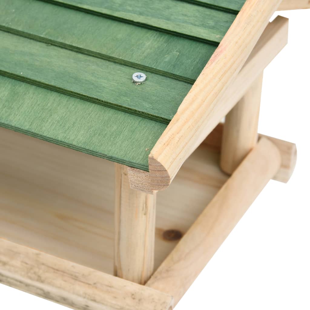 Wooden bird feeder made of solid fir with green shingled roof and natural legs.