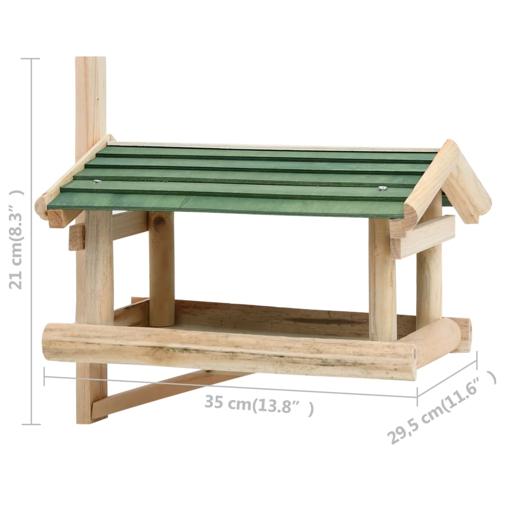 Wooden bird feeder made of solid fir, green roof, dimensions 13.8x11.6x8.3 inches.