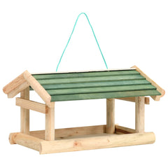 Wooden bird feeder made of solid fir with green sloped roof and hanging rope.