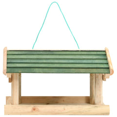 Wooden bird feeder made of solid fir with green slatted roof and hanging rope.