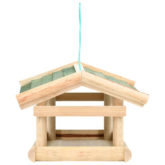 Wooden bird feeder made of solid fir with a sloped green roof and open feeding platform.