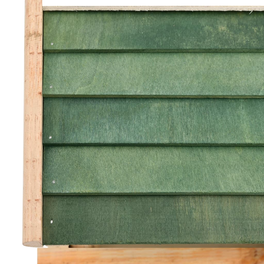 Solid fir wood bird feeder with green slatted sides and wooden frame, measuring 13.8x11.6x8.3 inches.