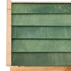 Solid fir wood bird feeder with green slatted sides and wooden frame, measuring 13.8x11.6x8.3 inches.