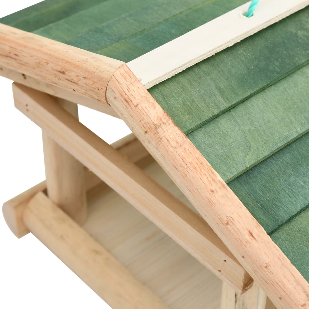 Wooden bird feeder made of solid fir with green shingled roof and feeding platform.