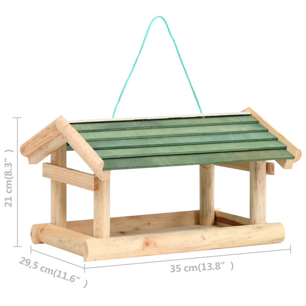 Wooden bird feeder made of solid fir with green slatted roof, measuring 13.8x11.6x8.3 inches, with hanging rope.