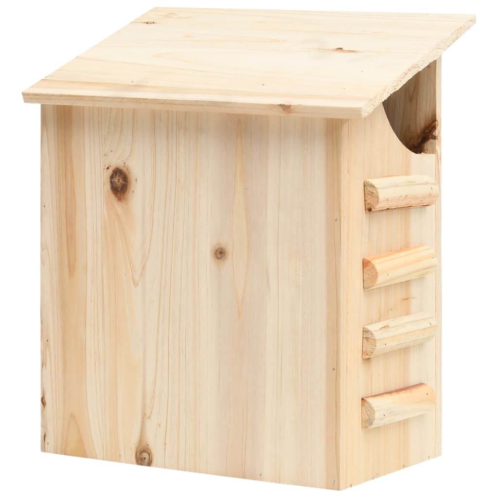 Wooden bat house made from solid firwood, measuring 11.8x7.9x15 inches, with slanted roof and entry hole.