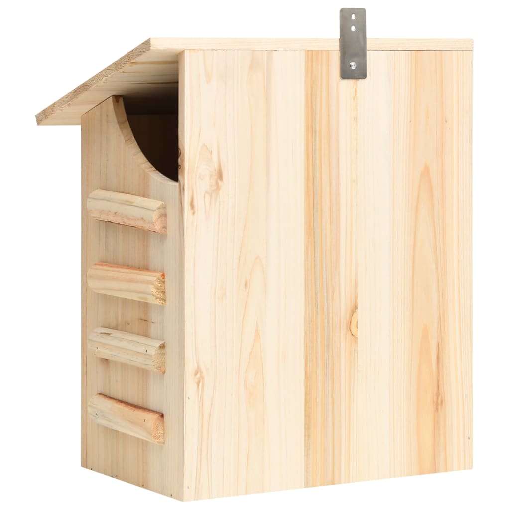 Wooden bat house made of solid firwood, measuring 11.8x7.9x15 inches, with slanted roof and mounting hook.