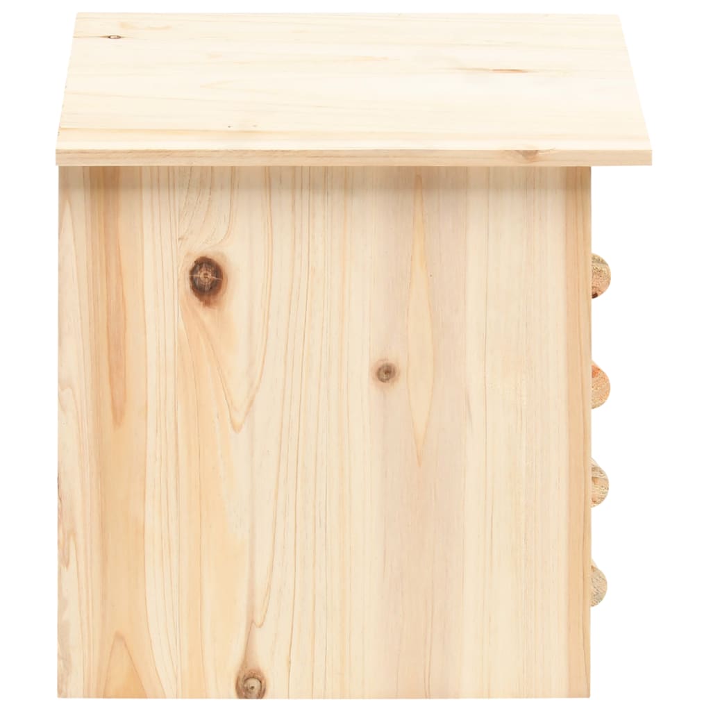 Wooden bat house made from solid firwood, measuring 11.8x7.9x15 inches with entry slots and slanted roof.