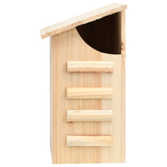 Wooden bat house made of solid firwood, measuring 11.8x7.9x15 inches, with slanted roof, entry hole, and grooved landing strips.