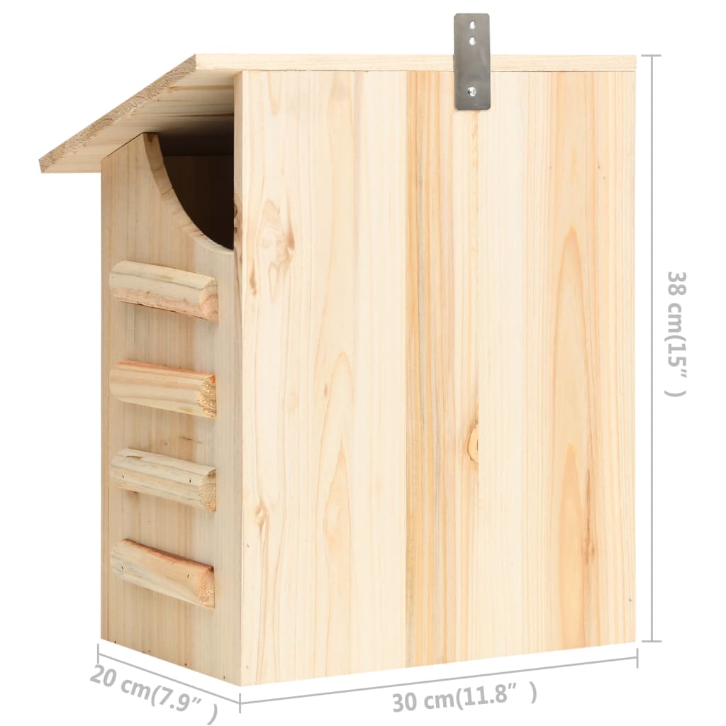 Wooden bat house made of solid firwood, measuring 11.8 x 7.9 x 15 inches, with slanted roof and mounting hook.