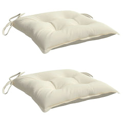 Two cream white outdoor chair cushions with ties, made of Oxford fabric, 15.7x15.7x2.8 inches.