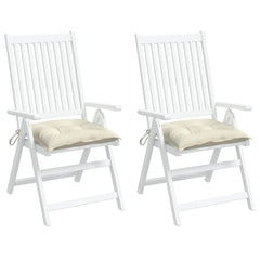 Two cream white outdoor chair cushions, 15.7x15.7x2.8 inches, made of Oxford fabric with ties.