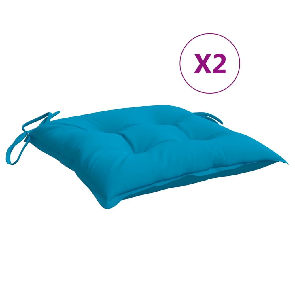 Two light blue square chair cushions with ties are shown.