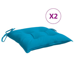 Two light blue square chair cushions with ties are shown.