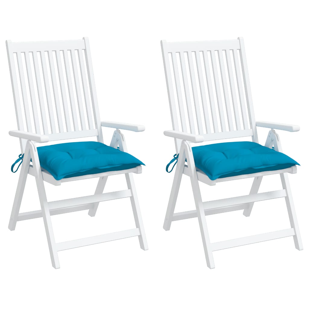Two light blue Oxford fabric chair cushions, 15.7x15.7x2.8 inches, with ties.