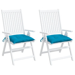 Two light blue Oxford fabric chair cushions, 15.7x15.7x2.8 inches, with ties.