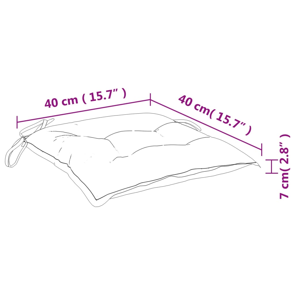 Diagram of a light blue Oxford fabric chair cushion measuring 40 cm by 40 cm by 7 cm with ties.