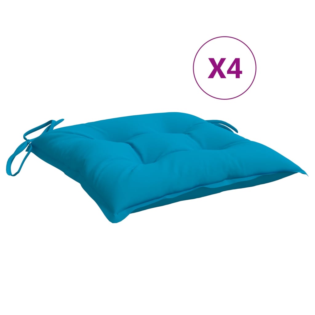 Four light blue Oxford fabric chair cushions, each 15.7x15.7x2.8 inches with ties.