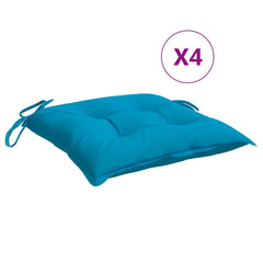 Four light blue Oxford fabric chair cushions, each 15.7x15.7x2.8 inches with ties.