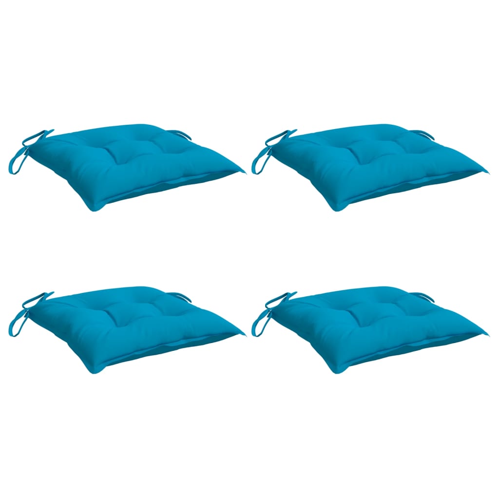 Set of four light blue Oxford fabric chair cushions with ties, 15.7x15.7x2.8 inches each.