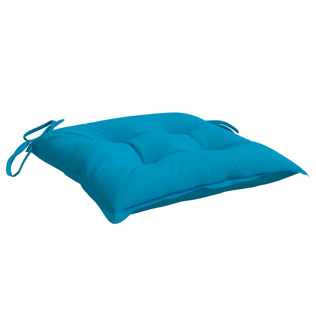 A light blue Oxford fabric chair cushion with tufted design and tie straps, sized 15.7x15.7x2.8 inches.