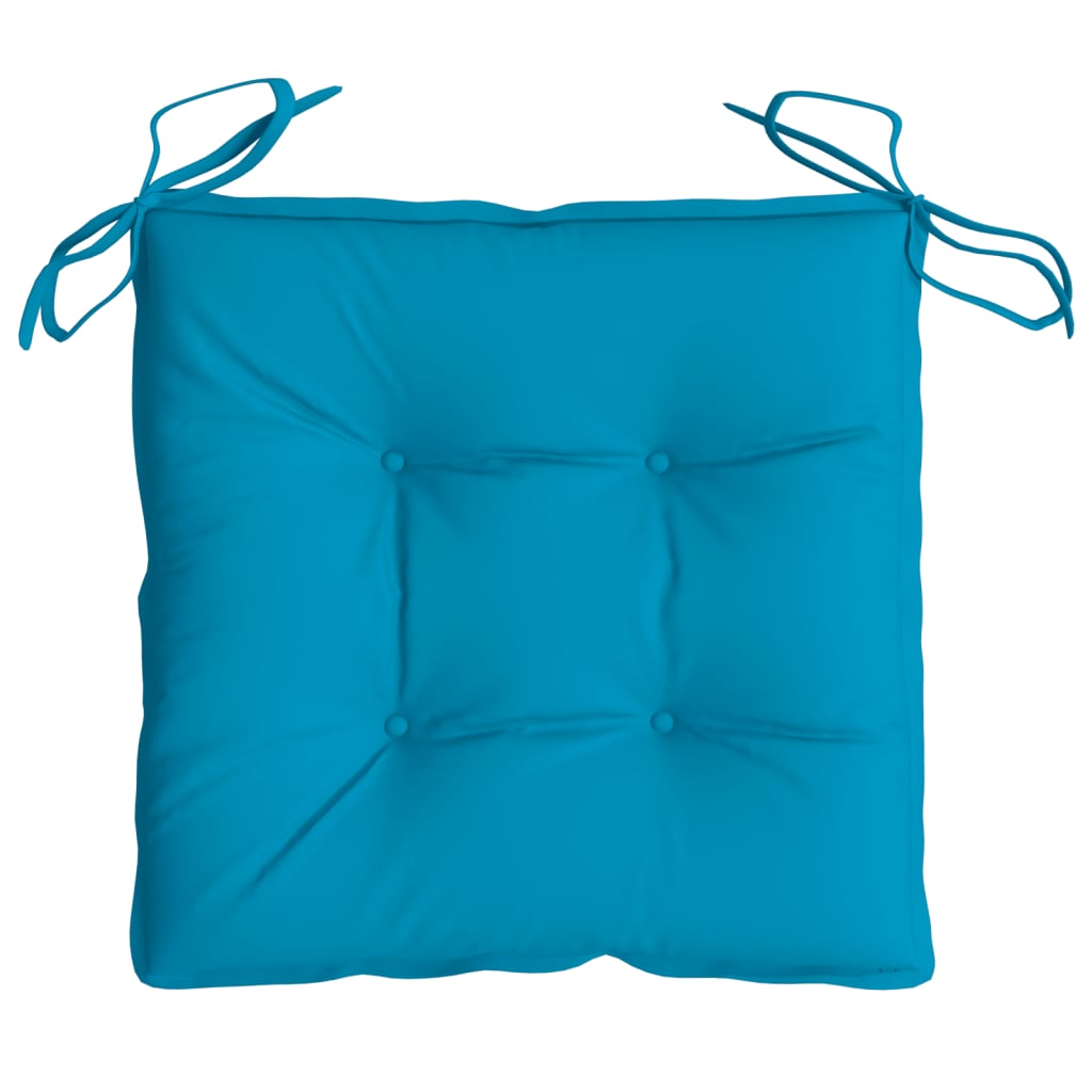 Light blue Oxford fabric chair cushion with ties, square shape, and button tufting.