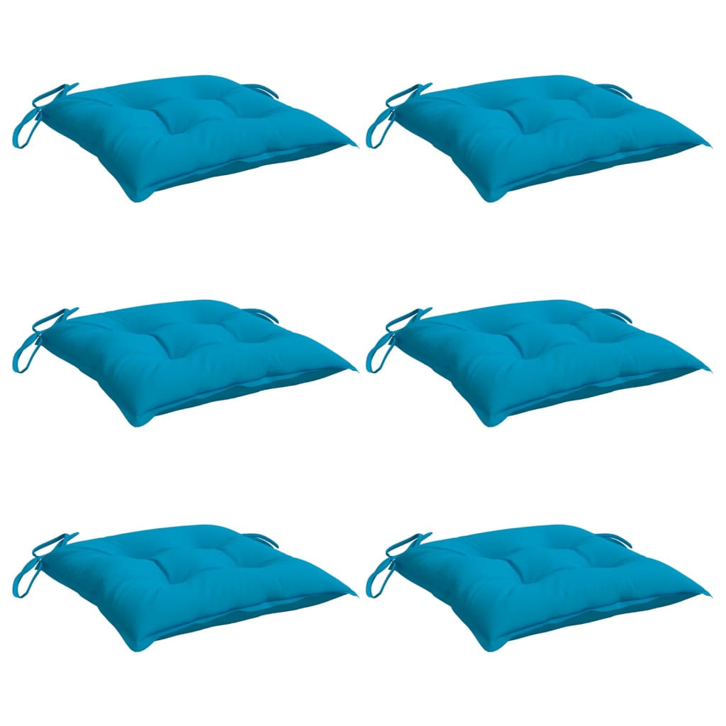 Six light blue square chair cushions with ties are arranged on a white background.
