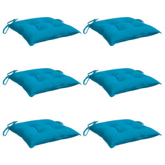 Six light blue square chair cushions with ties are arranged on a white background.