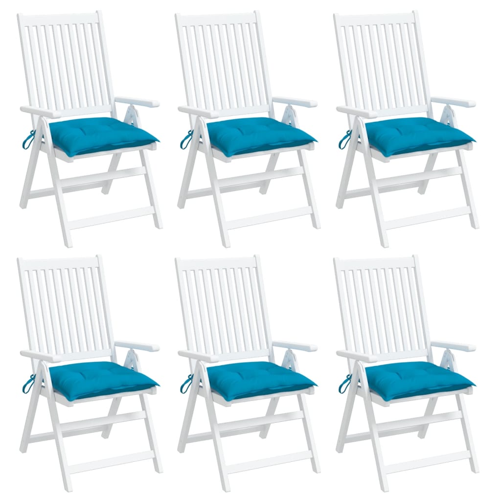 Six light blue Oxford fabric chair cushions with ties, 15.7x15.7x2.8 inches.