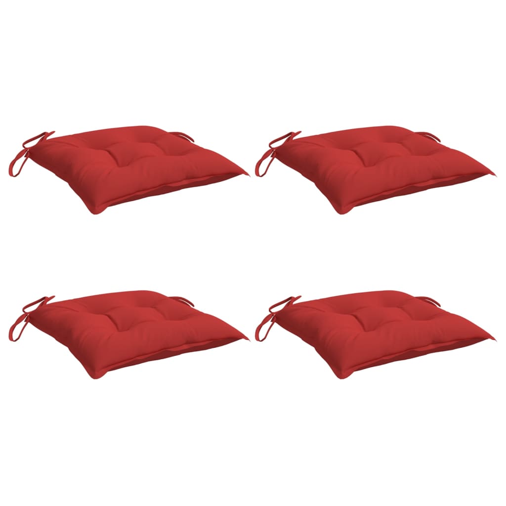 Four red square chair cushions with ties are arranged on a white background.