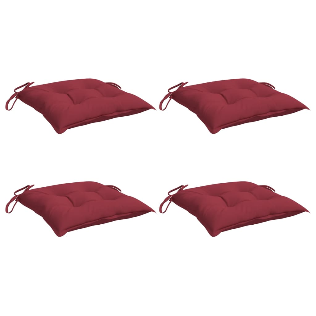 Four wine red Oxford fabric chair cushions, each 15.7x15.7x2.8 inches with ties.