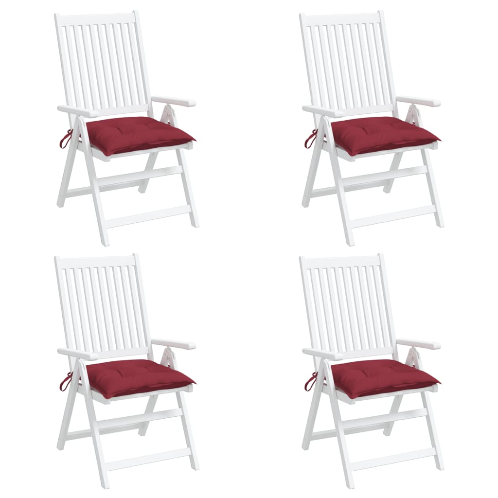 Four wine red Oxford fabric chair cushions, each 15.7x15.7x2.8 inches, with non-slip ties.