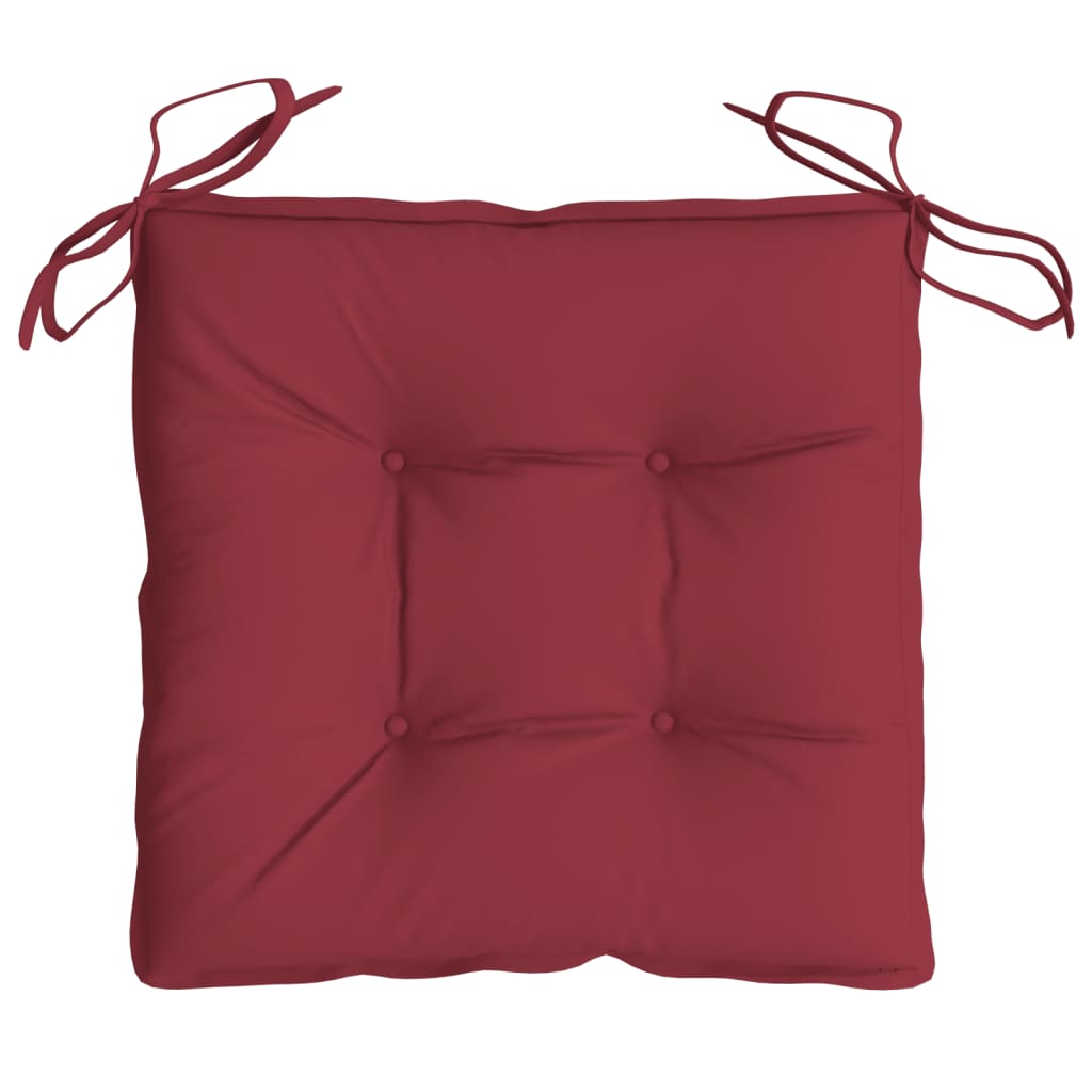 A wine red Oxford fabric chair cushion with tufted center and corner ties, 15.7x15.7x2.8 inches.