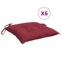 Pack of six wine red Oxford fabric chair cushions, 15.7x15.7x2.8 inches, with ties.
